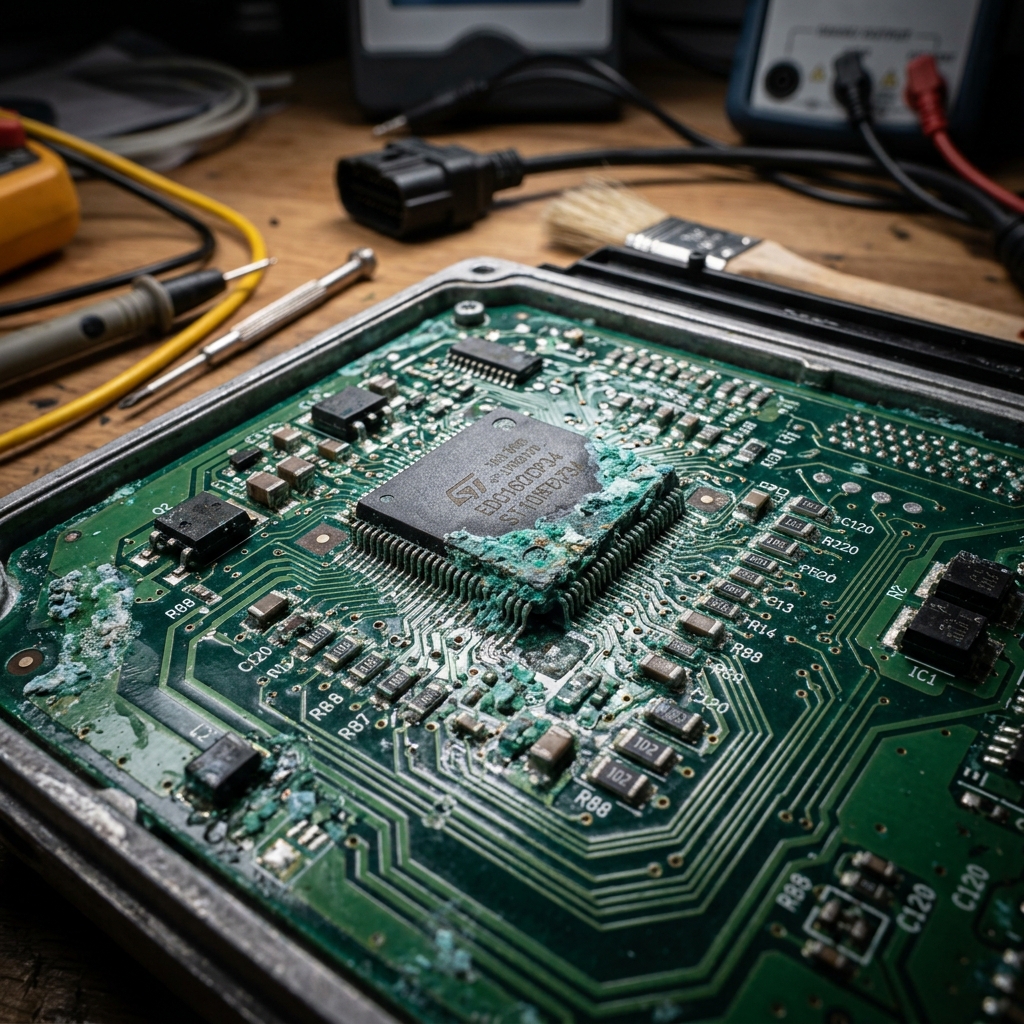 Vue détaillée d'une carte électronique de calculateur moteur EDC16CP34 Bosch rongée par la corrosion verte (vert-de-gris) suite à une infiltration d'eau.