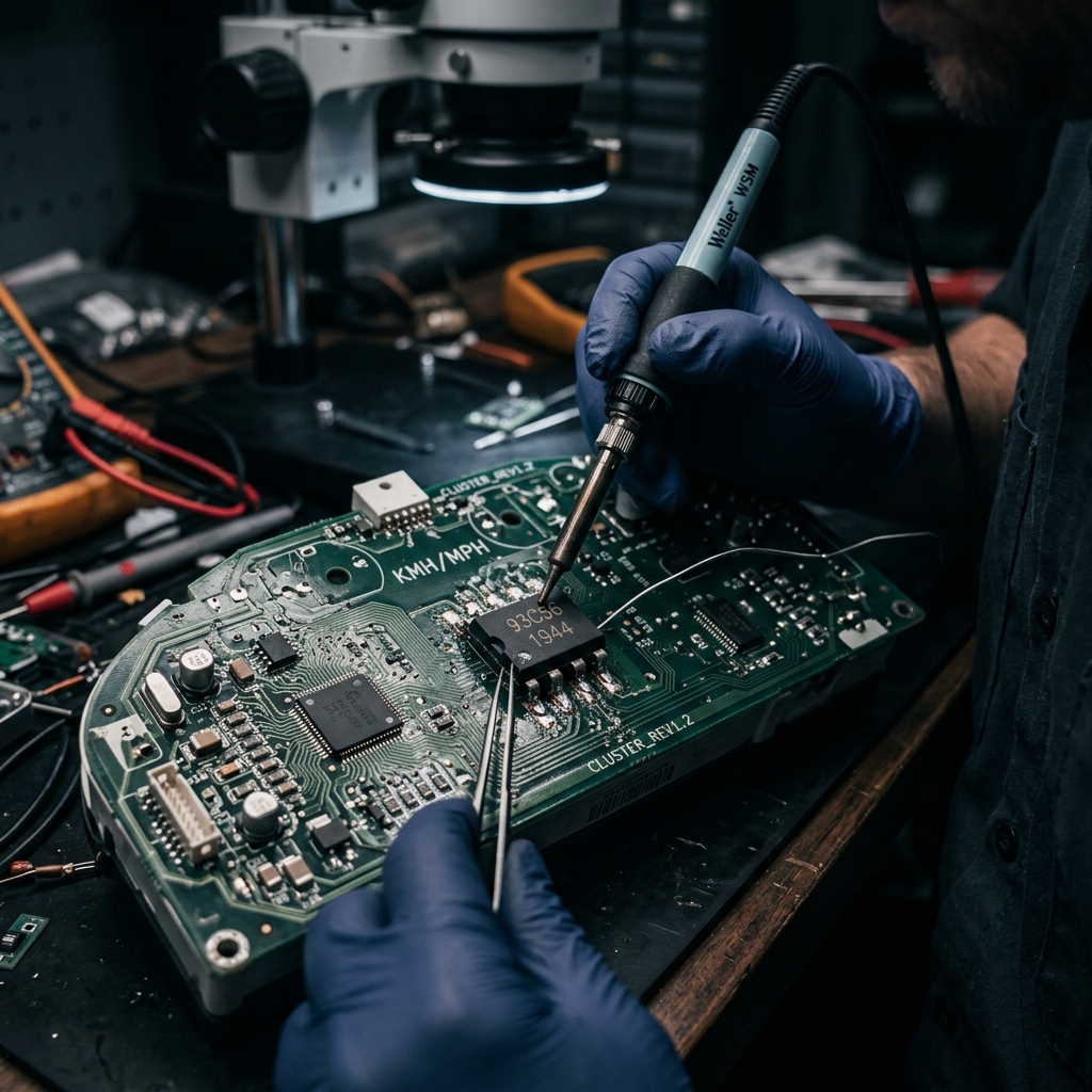 Soudure sur puce EEPROM 93C56 d'un circuit imprimé de tableau de bord Dacia Duster